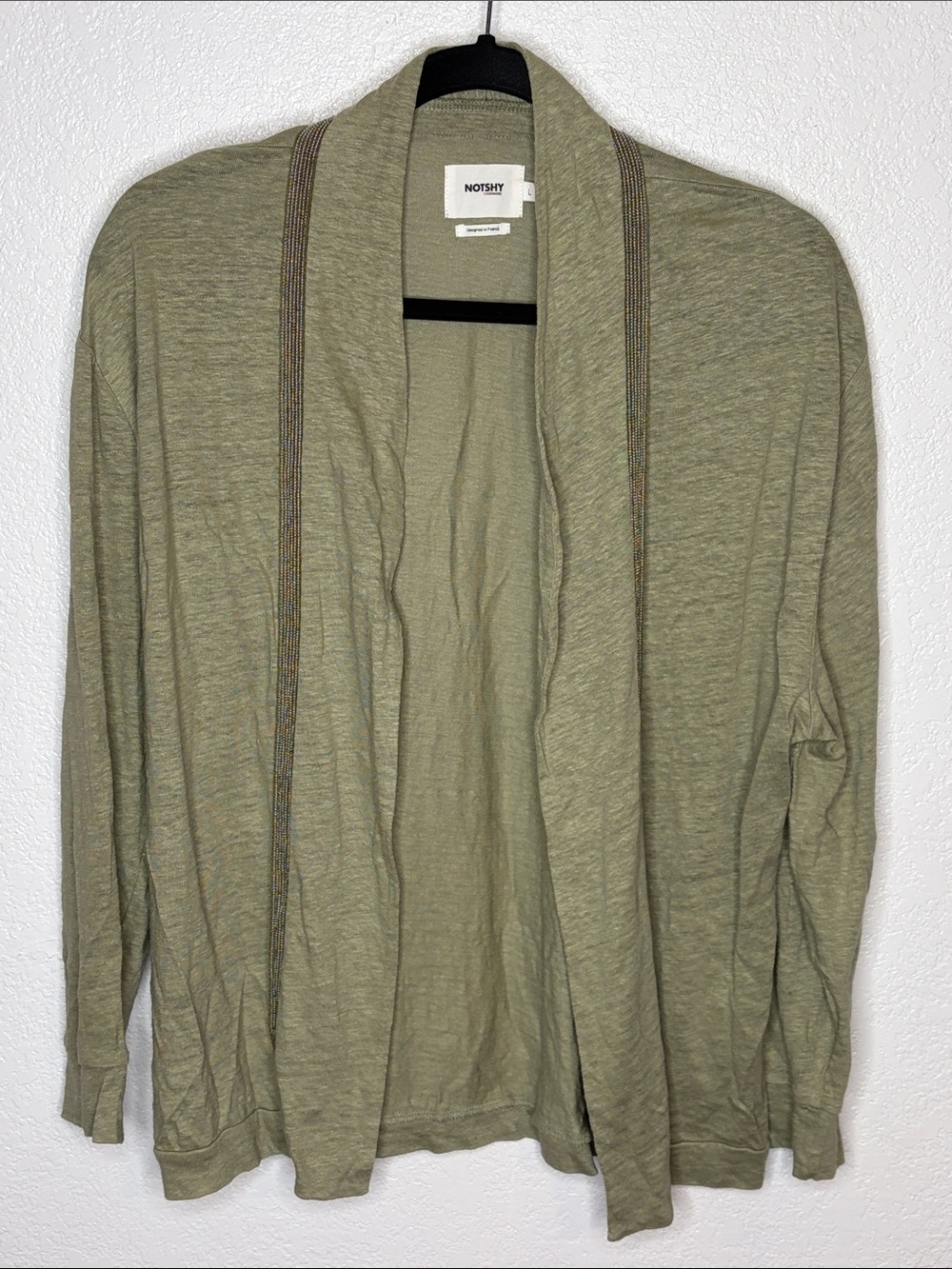 Notshy Cashmere Green Beaded Linen Open Front Cardigan Size Large